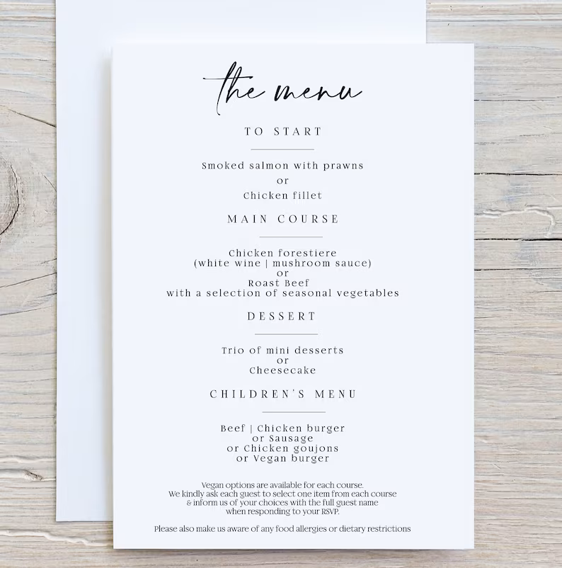 Personalised Wedding Menu Cards (Black & White)