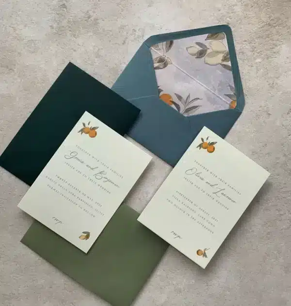 Wedding invitation set with envelopes and botanical design.
