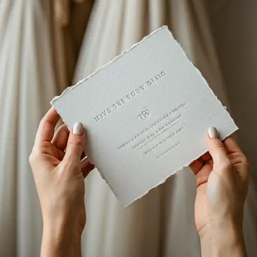 Hand holding a wedding invitation.